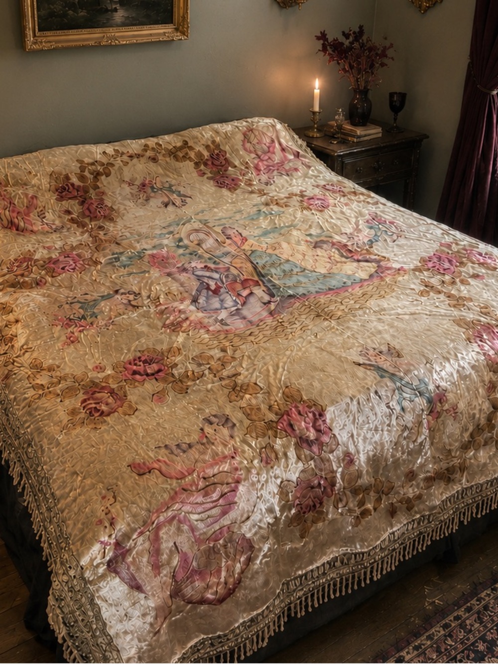 1940s Antique Vintage Velvet Coverlet